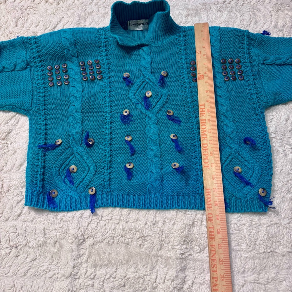 Vintage 90s I Magnolia teal Blue Cable Knit Button Tassel Sweater M Cropped - Picture 4 of 6